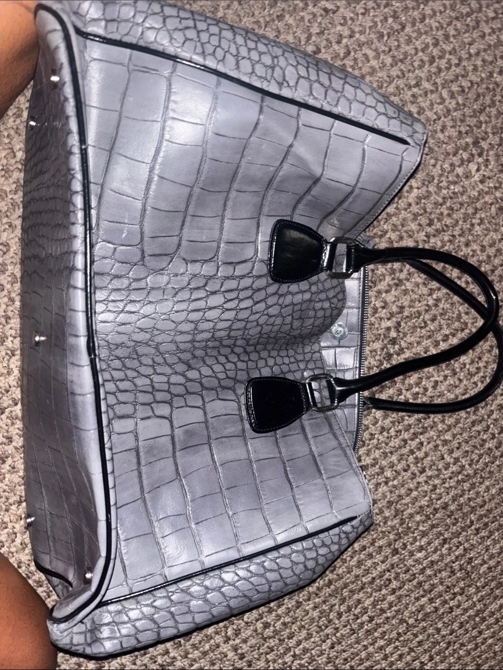 Gray Croc-Texture Tote Bag with Black Handles